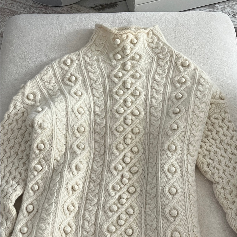 Theory Cream Cable-Knit Bobble Turtleneck Sweater
